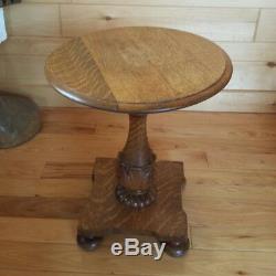 VTG Quartersawn Tiger Oak Round Carved Pedestal Table Victorian Foot Nightstand