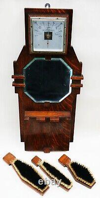 Very Stylish Antique Art Deco Tiger Oak Hall Mirror with Brushes & Barometer
