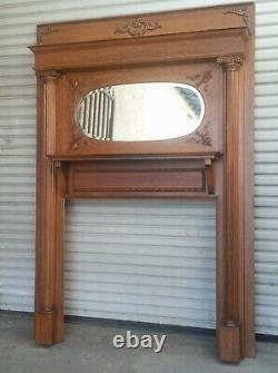 Victorian American Tiger Oak Fireplace Mantel Fluted Column Oval Mirror 1890's