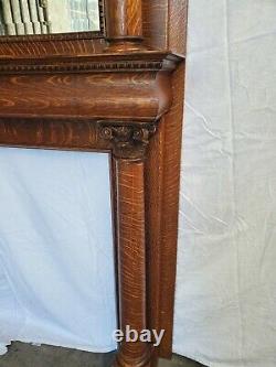 Victorian American Tiger Oak Tall Fireplace Mantel Columns & Mirror Restored