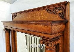 Victorian American Tiger Oak Tall Fireplace Mantel Columns & Mirror Restored