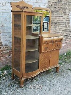 Victorian Antique Tiger Oak side by side china cabinet with claw feet