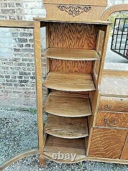 Victorian Antique Tiger Oak side by side china cabinet with claw feet