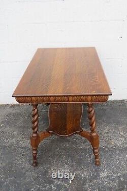Victorian Early 1900s Carved Tiger Oak Side End Table Spindle Legs 4692