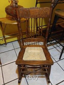 Victorian Era Pressed Back Tiger Oak Rocking Chair With Spindles & Cane Seat