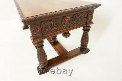 Victorian Hand Carved Tiger Oak Library Table, Library Hall Desk, Scotland 1880