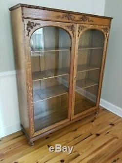 Victorian Tiger Oak Bookcase Wavy Glass Arch Doors 49 Wide