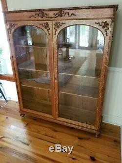Victorian Tiger Oak Bookcase Wavy Glass Arch Doors 49 Wide