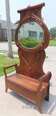 Victorian Tiger Oak Hall Tree with Mirror and Lift Seat