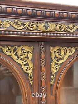 Victorian heavily carved tiger oak two door bookcase 1880 gilt quartersawn