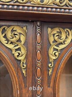 Victorian heavily carved tiger oak two door bookcase 1880 gilt quartersawn