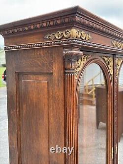 Victorian heavily carved tiger oak two door bookcase 1880 gilt quartersawn