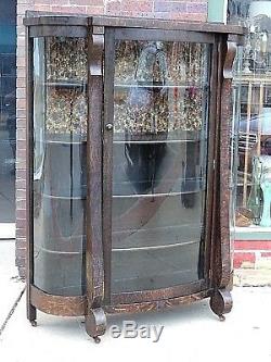 Victorian large Antique Curved glass tiger oak carved Empire China Cabinet