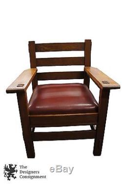 Vintage Arts & Crafts Mission Arm Chair Tiger Oak Quartersawn Vinyl Seat Lounge