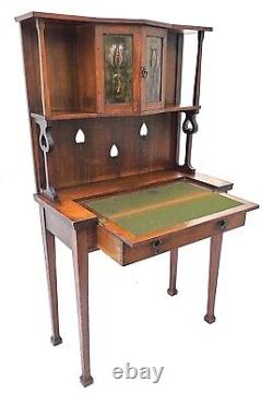 Vintage Arts & Crafts Tiger Oak Narrow Bureau Cabinet With Copper Panels 1900s