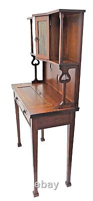Vintage Arts & Crafts Tiger Oak Narrow Bureau Cabinet With Copper Panels 1900s