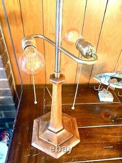 Vintage Arts & Crafts Tiger Oak & Slag Glass Brass Lamp Ostrancer Sockets