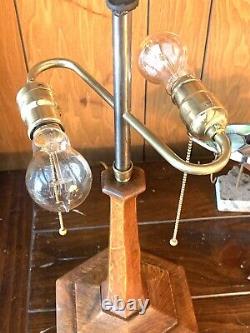 Vintage Arts & Crafts Tiger Oak & Slag Glass Brass Lamp Ostrancer Sockets