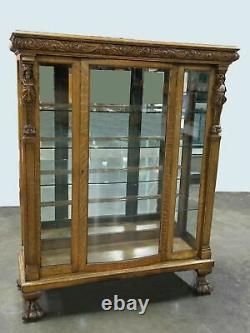 Vintage Curio Display Cabinet Tiger Oak Quarter Sawn French Country Carved Claw