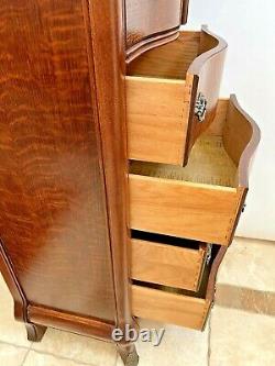 Vintage Dresser Tall Chest Bow Front Tiger Oak Tilting mirror Locking cabinet 1A