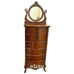 Vintage Dresser Tall Chest Bow Front Tiger Oak Tilting mirror Locking cabinet 2A