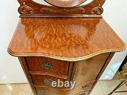 Vintage Dresser Tall Chest Bow Front Tiger Oak Tilting mirror Locking cabinet 2A