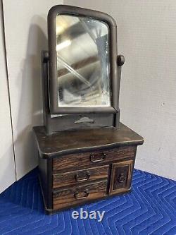 Vintage Dresser Top Vanity Mirror And Drawers Jewlery Box Primitive Tiger Oak