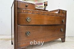 Vintage English Tiger Oak Dresser With Beveled Mirror And Radial Top Drawer