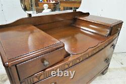 Vintage English Tiger Oak Dresser With Beveled Mirror And Radial Top Drawer