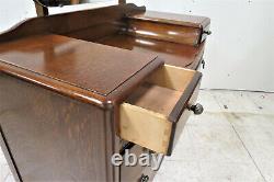 Vintage English Tiger Oak Dresser With Beveled Mirror And Radial Top Drawer