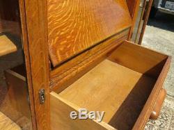 Vintage English Tiger Oak Drop Front Secretary With Side By Side Display Cabinet