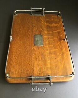 Vintage English Tiger Oak Serving Tray by Walker & Hall with Silverplate Hallmarks