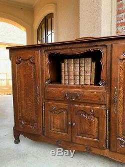 Vintage French Country Carved Tiger Oak Sideboard Cabinet Bookcase 5 ft