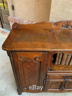 Vintage French Country Carved Tiger Oak Sideboard Cabinet Bookcase 5 ft