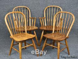 Vintage French Country Tiger Oak Spindle Back Dining Chairs