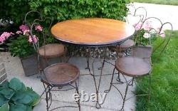 Vintage Ice Cream Parlor Table & Chairs Tiger Oak 36 Table Iron Heart Design
