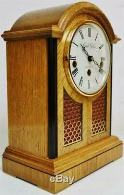 Vintage Knight & Gibbon London Tiger Oak & Brass Fret 1/4 Musical Library Clock