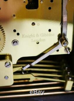 Vintage Knight & Gibbon London Tiger Oak & Brass Fret 1/4 Musical Library Clock