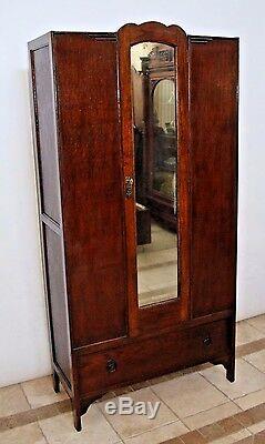 Vintage Locking Door Tiger Oak Mission style Wardrobe Closet Mirror drawer