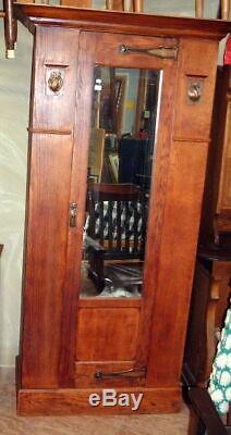 Vintage Original Unrestored Tiger Oak Mission style Armoire Wardrobe, Key Mirror