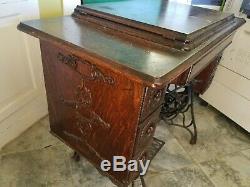 Vintage Sewing Machine Fancy Singer 7 Drawer Table Tiger Oak Cabinet EX Sew