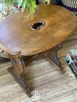 Vintage Solid Tiger Oak Side Table Magazine Rack Hand Carved Oval Design UNIQUE