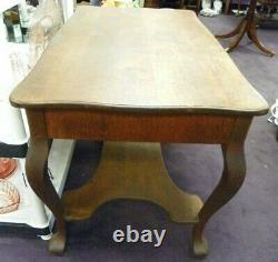 Vintage Tiger Oak Veneer Library Table with One Drawer and Curved Legs