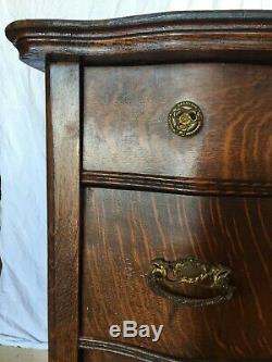 Vintage Tiger Oak Veneer Tall Serpentine Chest Of Drawers & Mirror