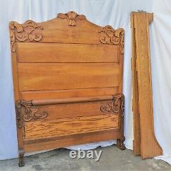Vintage Victorian American Tall Tiger Oak Bed Double or Queen with Claw Feet