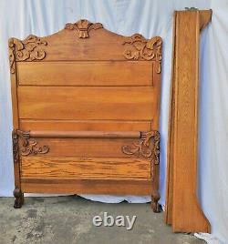 Vintage Victorian American Tall Tiger Oak Bed Double or Queen with Claw Feet