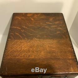 Vintage Yawman and Erbe MFG Tiger Oak 4 Drawer Wooden Library Card File Cabinet