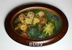Vtg Antique Hand Painted Tiger Stripe Oak Oval Picture Frame Convex Glass Floral