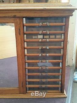 Vtg Antique Tiger Oak Spool Thread Sewing Storage Store Display Fixture Cabinet