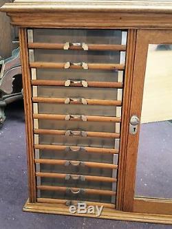Vtg Antique Tiger Oak Spool Thread Sewing Storage Store Display Fixture Cabinet